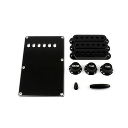 Accessory kit for Strat - 1 spring cover, 3 p/up covers, 1 vol & 2 tone knobs, 1 switch tip, 1 trem arm tip