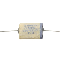 Reproduction 1954 phonebook-style capacitor. White with blue stripe, wax with film condenser. 0.1 mfd, 150 VDC. 2 inch wire lead
