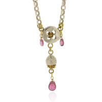 B-N10pt Medium belcher with eucalyptus button, acorn & pink tourmaline briolettes