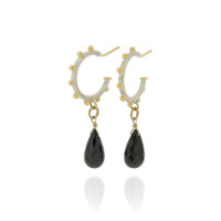 N-E09 Sterling silver studded hammered hoops, with gold plated details and black Spinel briolette drops