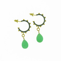 Oxidized sterling silver and gold plated studded hammered hoops, with Chrysoprase briolette drops
