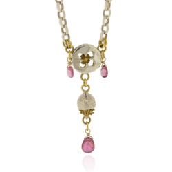 B-N10pt Medium belcher with eucalyptus button, acorn & pink tourmaline briolettes