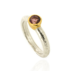 N-R06pt Hammered Stacking Ring, Silver with 5 mm Pink Tourmaline