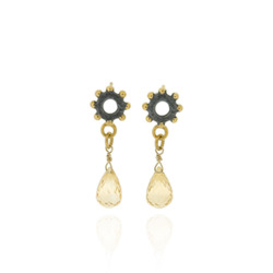 N-E04 Nina- bobble mini ring earrimgs drops with Citrines briolletes, oxidized silver with gold plated details