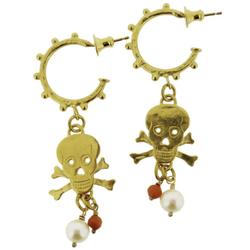 N-E13 Gold Plated studded hoop earrings with skull & crossbones with fresh-water pearl & coral