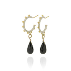 N-E09 Sterling silver studded hammered hoops, with gold plated details and black Spinel briolette drops