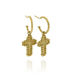 N-E16 Nina Cruz - Sterling silver jewellery, hammered hoops with large studded cross drops, all Gold plated