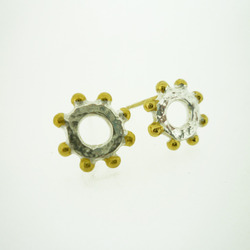 Nina - Studs Earrings in sterling silver mini hammered ring with bobbles, Gold Plated bobbles