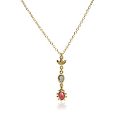 Calato double drop pendant with teal sapphire & Ruby