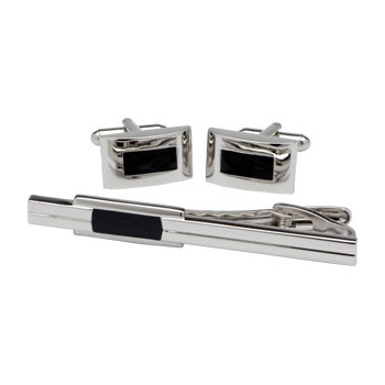 Matching Cufflinks & Tie Clip - Black & Silver