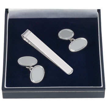 Sterling Silver Bordered Oval Cufflink and Tie Bar Set