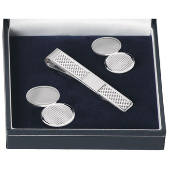 Sterling Silver Patterned Double Oval Cufflink and Tie Bar Set