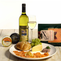 CHARDONNAY, CHEESE, PATE AND SALMON IN GIFT BOX