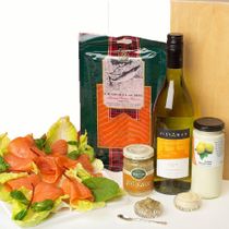 CHARDONNAY, SMOKED SALMON AND SAUCES IN WOOD BOX