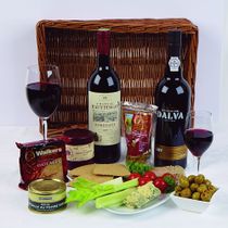 CLARET, PORT, STILTON, PATE AND OATCAKES IN WICKER TRAY