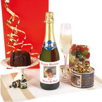 PERSONALISED LABEL SPARKLING BIRTHDAY WINE AND CAKE