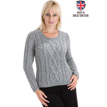 The Hills - Grey Crew Neck Aran Cable Jumper Sweater