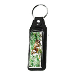 MD-18 Faux Leather Oblong Metal Medallion Insert Printed Keyrings