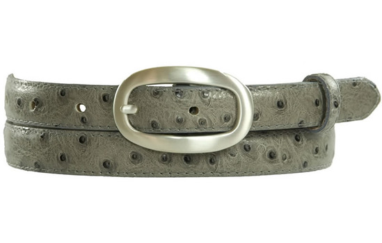 grey ostrich print skinny belt with silver buckle