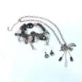 Crystal Bow Necklace & Black Bracelet & Earrings JS12