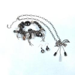 Crystal Bow Necklace & Black Bracelet & Earrings JS12