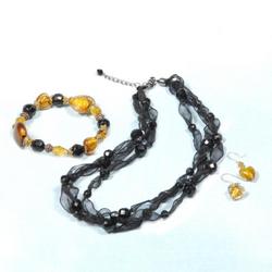 Black Jet Necklace, Amber Bracelet & Heart Earrings JS2