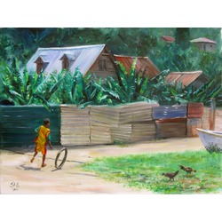 pushing tyre, oil on canvas, 2011, 18x24 inch, jonathan gladding&copy;